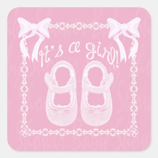 女の子ピンクボウ靴ベビーガールシャワー スクエアシール (正面)