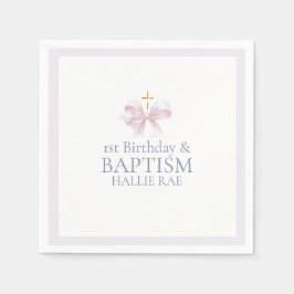 女の子ピンクボウ1歳の誕生日とバプテスマ スタンダードカクテルナプキン