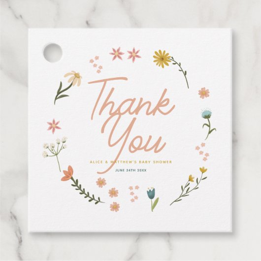 女の子ピンクボホワイルドフラワーベビーシャワー フェイバータグ (正面)