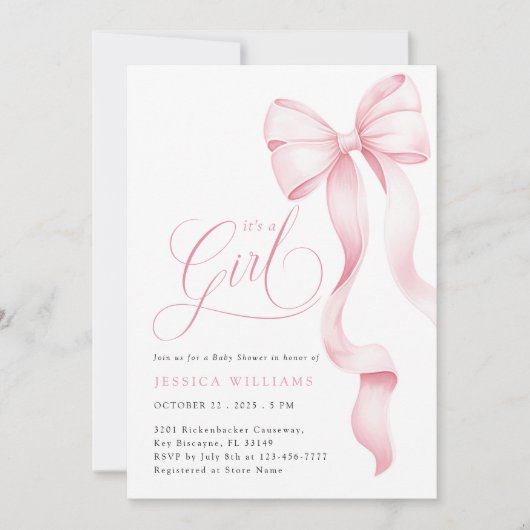 女の子ピンクリボン赤ちゃんシャワー招待状 招待状 (正面)