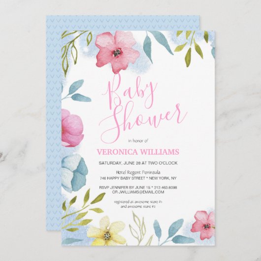 女の子ピンク春ボホウォーター色ベビーシャワー 招待状 (正面/裏面)