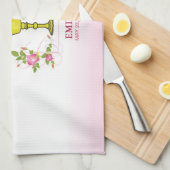 女の子ピンク最初の聖なる聖餐会，チャリス，ホスト，ロス キッチンタオル (四つ折り)