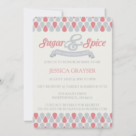 女の子ピンク灰色の赤ちゃんシャワー砂糖とスパイス 招待状 (正面)