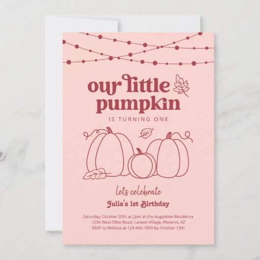 女の子ピンク私たちの小さなかぼちゃの最初の誕生日パーティー 招待状 (正面)