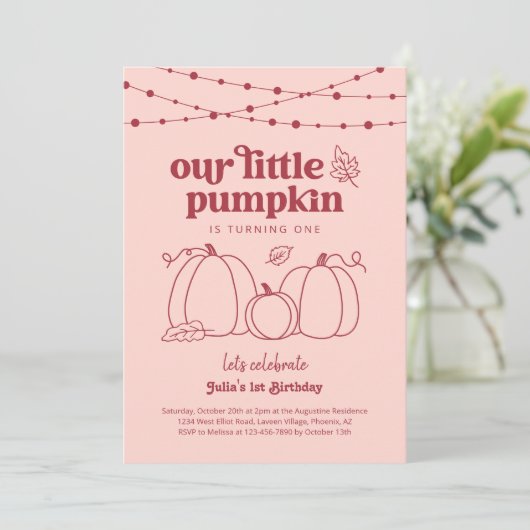 女の子ピンク私たちの小さなかぼちゃの最初の誕生日パーティー 招待状 (スタンド正面)