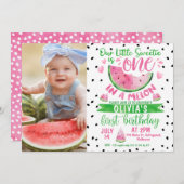 女の子ピンク緑1メロンフォト第1誕生日 招待状 (正面/裏面)