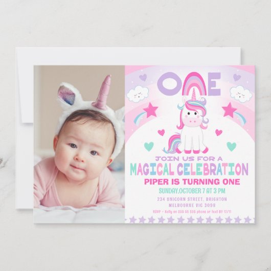 女の子ピンク虹の魔法のユニコーン第1誕生日 招待状 (正面)