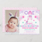 女の子ピンク虹の魔法のユニコーン第1誕生日 招待状 (正面/裏面)