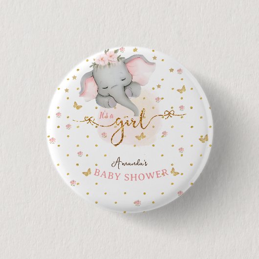 女の子ピンク象のベビーガールシャワーだ 缶バッジ (正面)