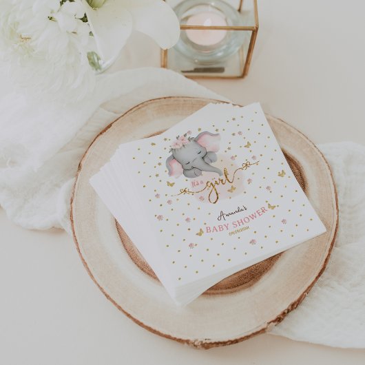 女の子ピンク象のベビーガールシャワー スタンダードカクテルナプキン