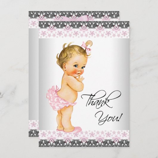 女の子ピンク赤ちゃんシャワーありがとう サンキューカード (正面/裏面)
