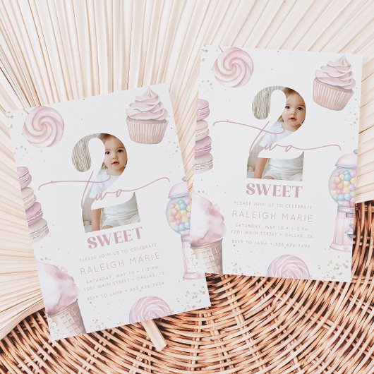 女の子ピンク2甘いお菓子アイスクリーム2歳の誕生日 招待状