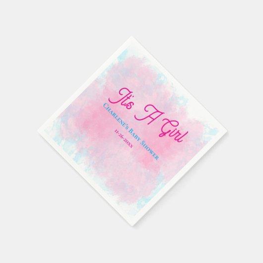 女の子ピンク&アクアウォーターカラーベビーシャワー スタンダードカクテルナプキン (角)