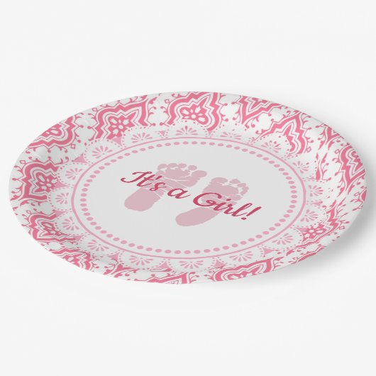 女の子ピンク&ホワイトレイシー赤ちゃんシャワープレート ペーパープレート (アングル)