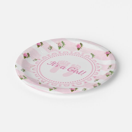 女の子ピンク&ホワイトレイシー赤ちゃんシャワープレート ペーパープレート (アングル)