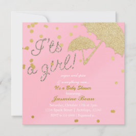 女の子ピンク&金ゴールドベビーシャワー招待状 招待状