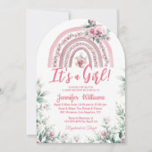 女の子ピンクbohoフローラ赤ちゃんシャワーレインボーアーチ 招待状 (正面)