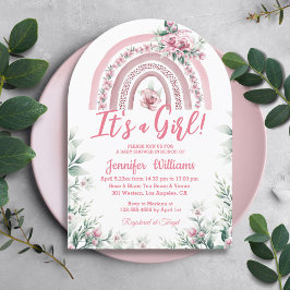 女の子ピンクbohoフローラ赤ちゃんシャワーレインボーアーチ 招待状