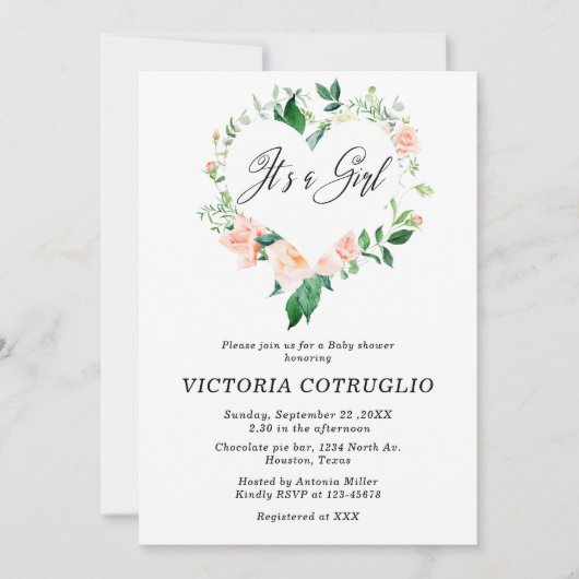 女の子ピーチベビーシャワー招待状 招待状 (正面)