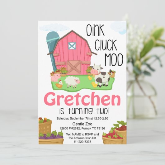 女の子ファーム動物2nd誕生日の招待 招待状 (スタンド正面)