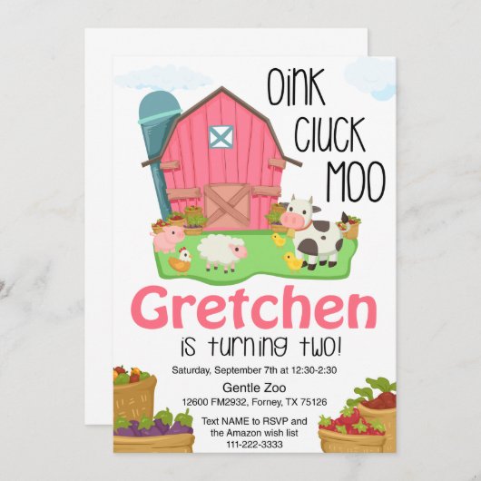 女の子ファーム動物2nd誕生日の招待 招待状 (正面/裏面)