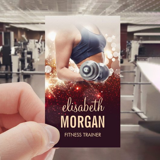 女の子フィットネストレーナーダンベル金ゴールドグリッタースパークル 名刺