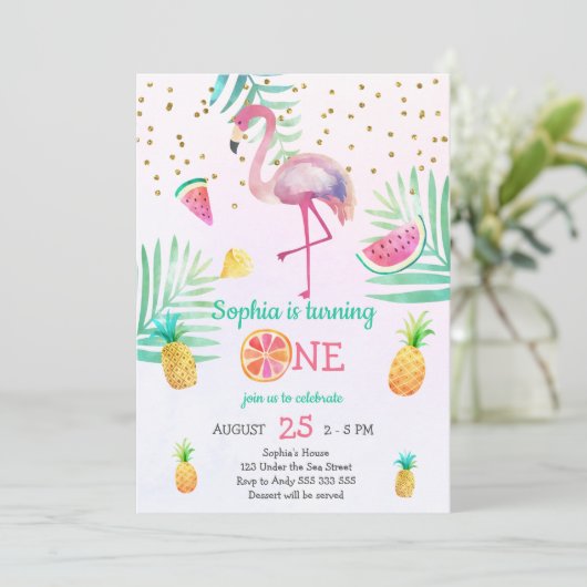 女の子フラミンゴ1歳誕生日夏の水彩 招待状 (スタンド正面)