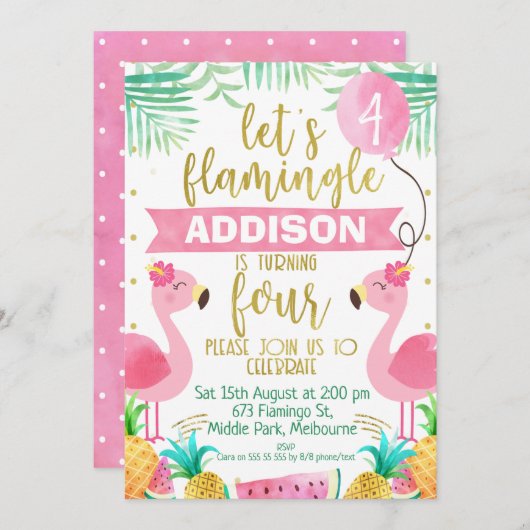 女の子フラミンゴ4歳の誕生日の招待状 招待状 (正面/裏面)