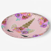 女の子フローラと金ゴールドグリッターユニコーンバースデーパーティー ペーパープレート (アングル)