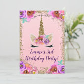 女の子フローラと金ゴールドグリッターユニコーンバースデーパーティー 招待状 (スタンド正面)