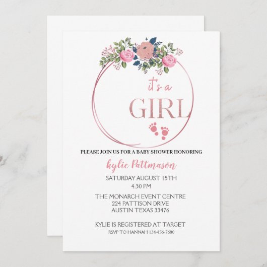  女の子フローラの赤ちゃんシャワー招待状カード セーブザデート (正面/裏面)