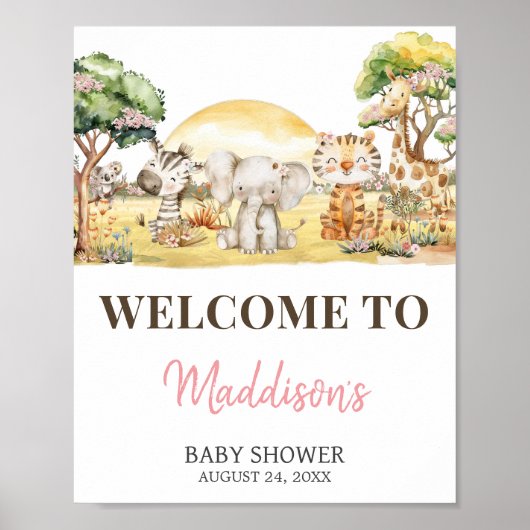 女の子フローラジャングルサファリ動物ウェルカムサイン ポスター (正面)