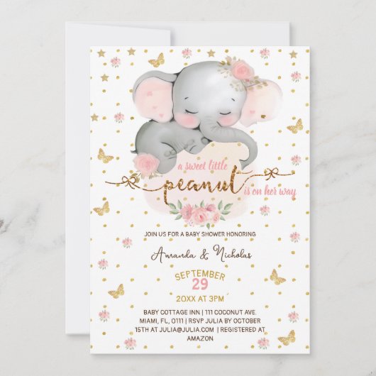 女の子フローラゾウ赤ちゃんシャワー 招待状 (正面)