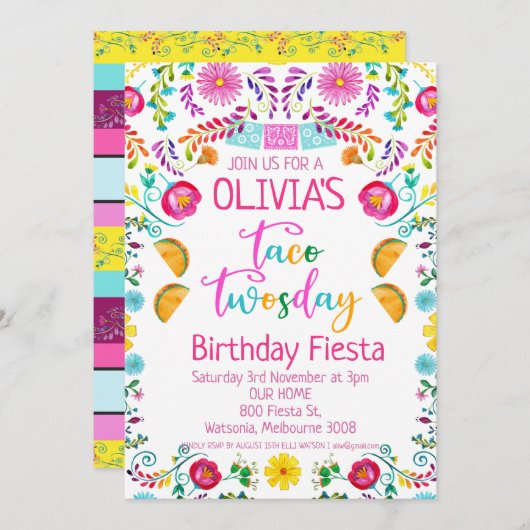 女の子フローラタコトゥーズデイメキシコの2番目の誕生日 招待状 (正面/裏面)