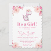 女の子フローラピンクかわいい恐竜の赤ちゃんシャワー 招待状 (正面)
