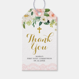 女の子フローラピンクファーストコミューニオンサンキューラベル ギフトタグ