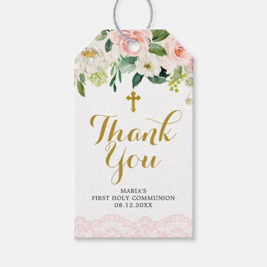 女の子フローラピンクファーストコミューニオンサンキューラベル ギフトタグ (正面)