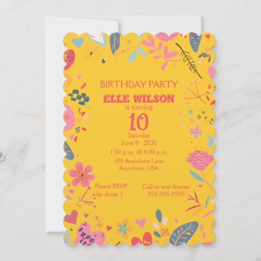 女の子フローラフレーム10th誕生日パーティーへの招待 招待状 (正面)