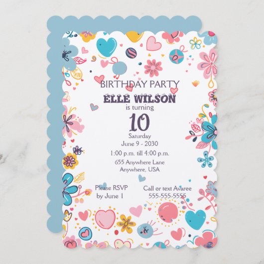 女の子フローラフレーム10th誕生日パーティーへの招待 招待状 (正面/裏面)