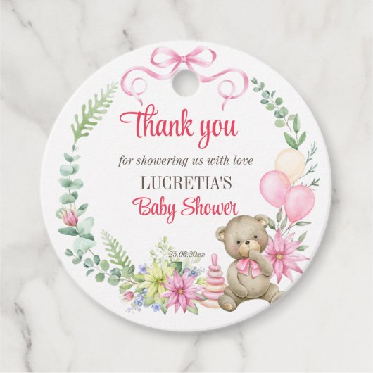 女の子フローラリースの赤ちゃんシャワー感謝していだ フェイバータグ (正面)