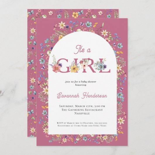 女の子フローラワイルドフラワーピンク赤ちゃんシャワー 招待状 (正面/裏面)