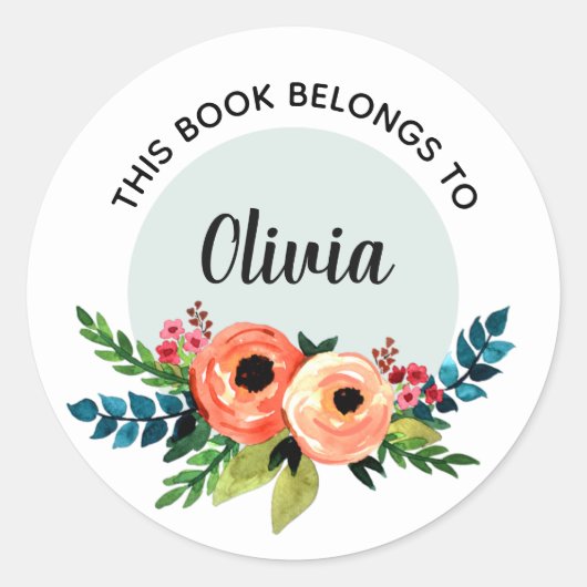 女の子フローラ水色フラワーキッズ蔵書票 ラウンドシール (正面)