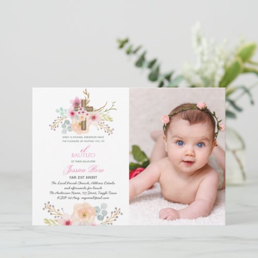 女の子フローラBAUTIZOバウティスムピンクカトリック十字架 招待状 (スタンド正面)
