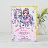女の子プリンセスユニコーン第6誕生日パープル金ゴールド 招待状 (スタンド正面)