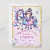 女の子プリンセスユニコーン3rd誕生日パープル金ゴールド 招待状 (正面)