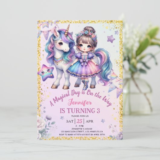 女の子プリンセスユニコーン3rd誕生日パープル金ゴールド 招待状 (スタンド正面)