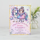 女の子プリンセスユニコーン5th誕生日パープル金ゴールド 招待状 (スタンド正面)