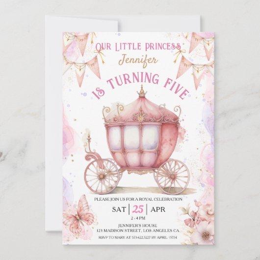 女の子プリンセスワンズオンザタイム5誕生日 招待状 (正面)