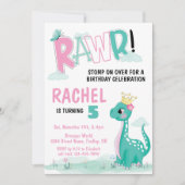 女の子プリンセス恐竜ピンク&ティール(緑がかった色)誕生日パーティー 招待状 (正面)