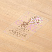 女の子ベアーピンク金ゴールドバルーン赤ちゃんシャワー アクリル招待状 (レイダウン)